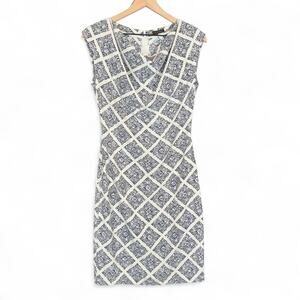 Peserico QuietLuxury Italian White Blue Drape Cowl Neck Sheath Dress 40 S Merola